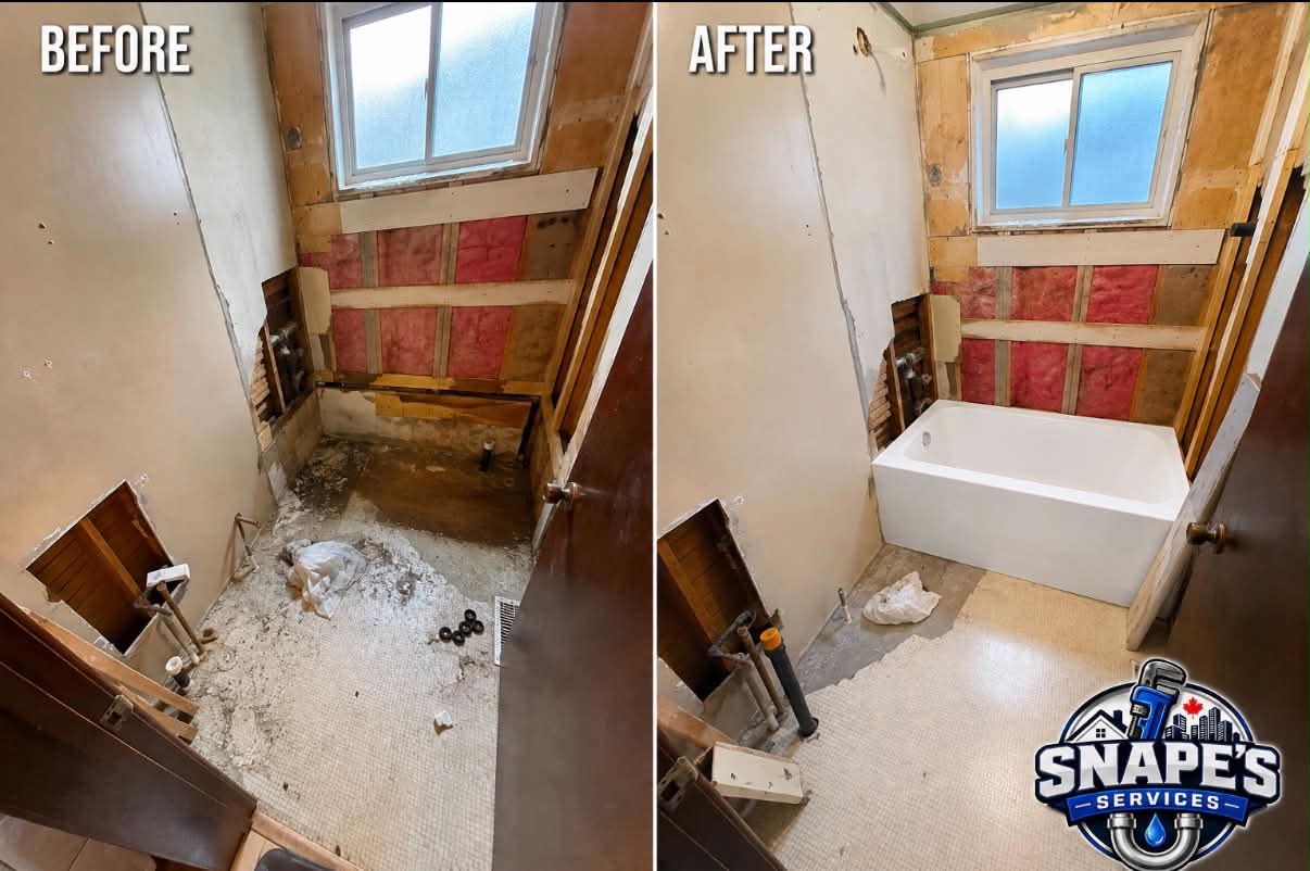 Bathroom renovation shown before and after bathtub installation